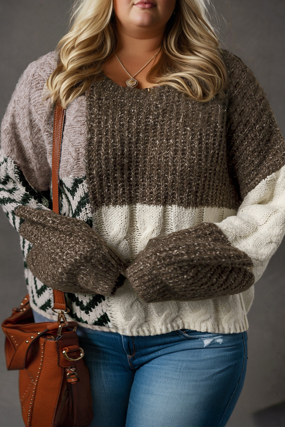 Brown Plus Size Color Block Patchwork Knotted Back Sweater Dear-Lover Dropshipping